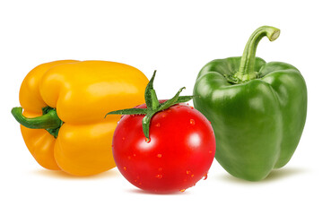 Green and yellow peppers  bell with tomatoes isolated on white background with clipping path