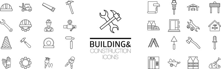Construction web icons in line style. Building, engineer, business, road, builder, industry.Tool icon set.Hammer turnscrew tools icon.Instrument collection. Vector illustration