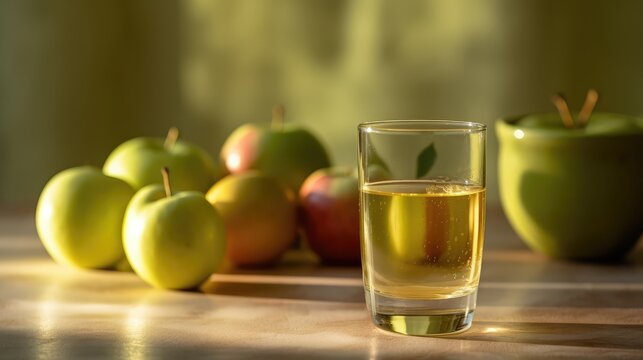 Apple juice in a mug on the table with apples. Summer delicious drink on a green background. AI generated