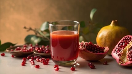 Pomegranate juice in a mug on the table with pomegranates. Summer delicious drink on a brown background. AI generated