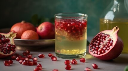 Pomegranate juice in a mug on the table with pomegranates. Summer delicious drink on a blurry background. AI generated