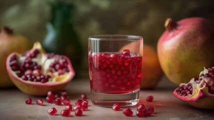 Obraz na płótnie Canvas Pomegranate juice in a mug on the table with pomegranates. Summer delicious drink on a blurry background. AI generated