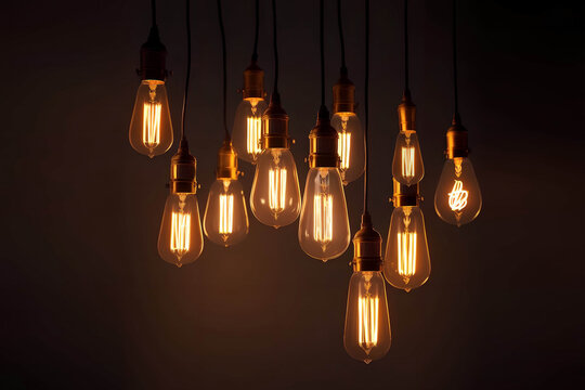 Decorative antique Edison style light bulbs, different shapes of retro lamps on dark background. Cafe or restaurant decoration details. Generative AI