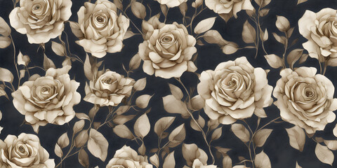 Background of flowers, floral, golden roses on a dark background, ai generated