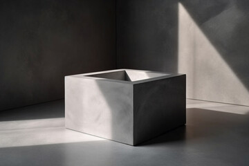 Square geometric concrete podium with sunlight and shadow on grey cement corner wall background