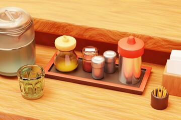 Cartoon cute traditional Japanese ramen seasonings of ramen or noodle, glass, toothpick, tissue paper and water jug on the wooden counter table in a ramen restaurant. 3d render