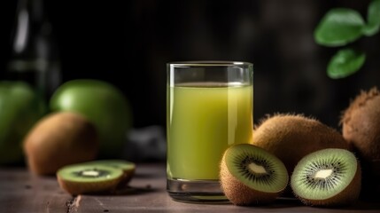 Kiwi juice in a mug on the table with kiwi. Summer delicious drink on a blurry background. AI generated
