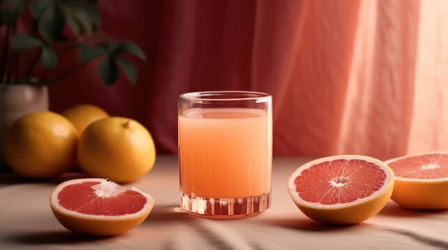 Grapefruit juice in a mug on the table with grapefruit. Summer delicious drink on a red background. AI generated