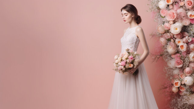 Illustration of a Wedding dress and bridal bouquet banner on neutral pink background with copy space