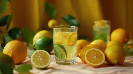 Fototapeta premium Lemon juice in a mug on the table with lemons. Summer delicious drink on a yellow background. AI generated
