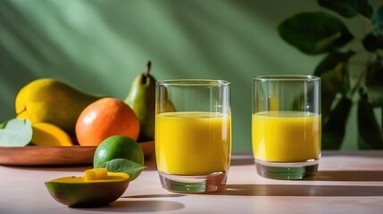 Mango juice in a mug on the table with orange. Summer delicious drink on a green background. AI generated
