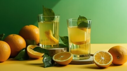 Fototapeta premium Orange juice in a mug on the table with orange. Summer delicious drink on a green background. AI generated