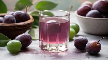 Plum compote in a mug on the table with plums. Summer delicious drink on a blurry background. AI generated