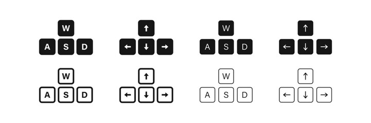Arrow direction icon. wasd symbol. Key left, right, up, and down signs. Computer button symbols. Direction w, a, s, d icons. Black color. Vector sign.