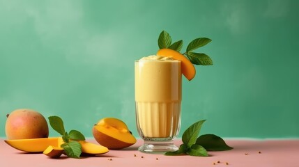 Mango milkshake in a mug on the table with mango. Summer delicious drink on a green background. AI generated