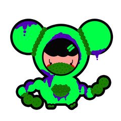 Cartoon aliens, black-haired weirdoes, people wearing green suits and masks with pouches on their stomachs, all covered in purple liquid