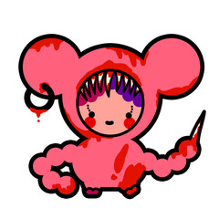 Alien cartoon character, strange person wearing pink clothes, front hood with sharp teeth stained with blood, full body covered in red liquid, hands are blades.