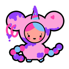 Cartoon aliens, strange people dressed like pink ponies, all covered in purple liquid, pierced ears, horns.