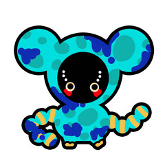 Cartoon aliens, bizarre people in blue polka-dot clothes, covered in blue liquid, scary black faces.