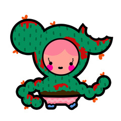 Cartoon alien character, strange person dressed like dark green cactus in pink pot, full body red liquid, bite mark on head, orange flower.