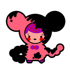 Cartoon aliens, bizarre people in pink clothes, all over black fluid, pink purple hair.