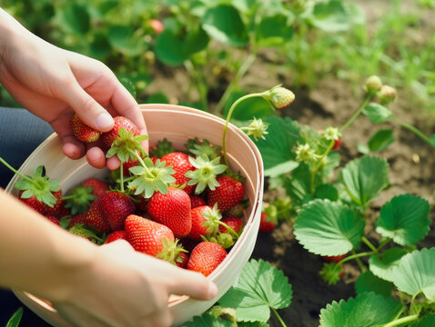 strawberries in a basket on a farm