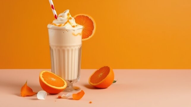 Orange milkshake in a mug on the table with oranges. Summer delicious drink on a orange background. AI generated