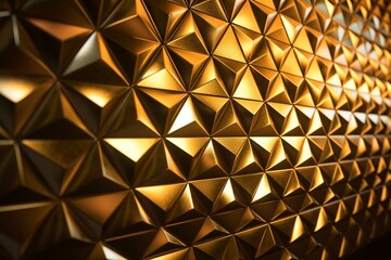 shimmering triangular tiles forming a golden 3D wall. Luxurious and glossy with an opulent and grand feel. Generative AI
