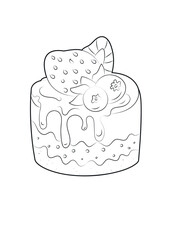 Coloring book for adults and children Strawberry Shortcake. Strawberries and blueberries on chocolate icing on a cupcake.