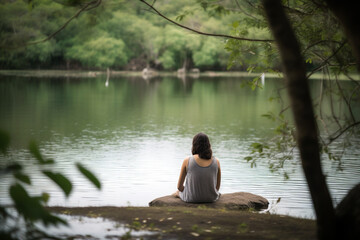 a peaceful scene of a person meditating by a serene lake