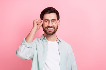 Photo of smile satisfied entrepreneur nice beard touch eyewear perfect vision after checkup shirt isolated on pink color background