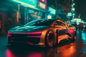 Fototapeta na wymiar Futuristic self-driving car in neon city. Generative AI