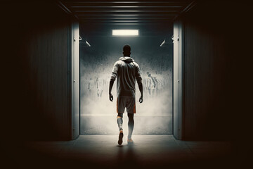A football player is walking in the player tunnel out to the football pitch. Sport in challenge moment concept scene. Generative Ai image.	
 - obrazy, fototapety, plakaty