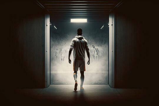 A football player is walking in the player tunnel out to the football pitch. Sport in challenge moment concept scene. Generative Ai image.	
