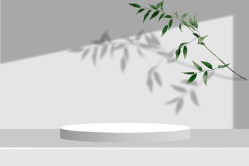stage 3d gray white background product display podium scene with leaf platform. grey background vector 3d rendering with podium. summer stage white cosmetic product.