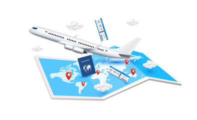 Airplane is taking off with passport, air ticket and positioning pins red on world map paper blue. Travel transport concept. For advertising media about tourism. 3D file PNG illustration.