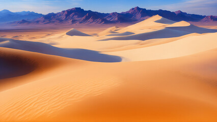 Fototapeta na wymiar Desert dunes landscape with blue sky and mountains generative AI
