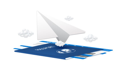 Paper air plane blue flying on the passport. Virtual for travel and transport concept design. For making advertising media about tourism. 3D file PNG illustration.
