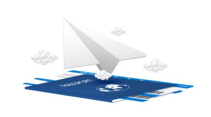 Paper air plane blue flying on the passport. Virtual for travel and transport concept design. For making advertising media about tourism. 3D file PNG illustration.
