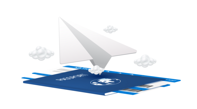 Paper air plane blue flying on the passport. Virtual for travel and transport concept design. For making advertising media about tourism. 3D file PNG illustration.