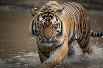 Fototapeta na wymiar Tiger walking through a river. Generative AI