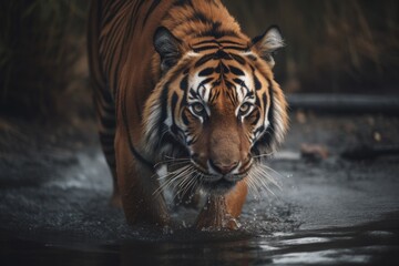 Fototapeta premium Tiger walking through a river. Generative AI