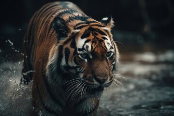 Naklejka premium Tiger walking through a river. Generative AI