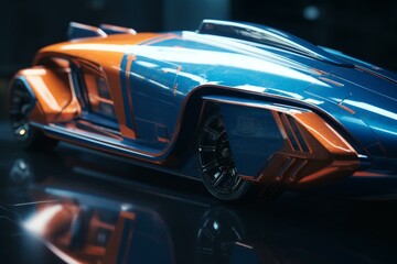 Shiny blue and orange spaceship/shuttle/car with reflections and space for text. Generative AI