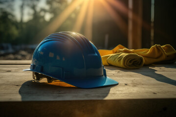 A blue safety helmet or hardhat for the construction worker which is placed on the ground of construction working site, image applied with orange sunlight flare. Generative Ai image. - obrazy, fototapety, plakaty