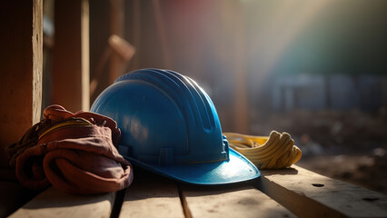 A blue safety helmet or hardhat for the construction worker which is placed on the ground of construction working site, image applied with orange sunlight flare. Generative Ai image.