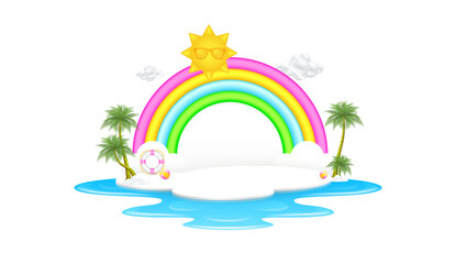 Fototapeta na wymiar Green coconut tree on white blank podium for product placement. Sun and clouds float in the air with bright rainbow backdrop, sea waves. Summer vacation travel paradise beach concept. 3D file PNG.