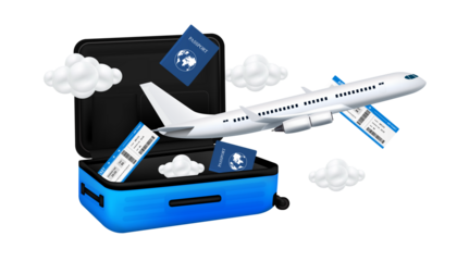 Air ticket, passport float away from luggage blue with airplane is taking off and cloud. Can for making advertising media about tourism. Travel transport concept. 3D file PNG illustration.
