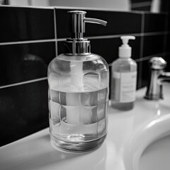 Fototapeta na wymiar Plastic Bottle of Hand Soap in the Bathroom, Keeping You Hygienic and Healthy. Generative AI