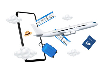 Luggage blue, air ticket float away from smartphone with airplane is taking off and cloud. Can for making advertising media about tourism. Travel transport concept. 3D file PNG illustration.